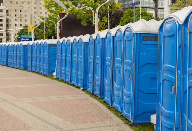 a row of portable restrooms ready for eventgoers in Arlington